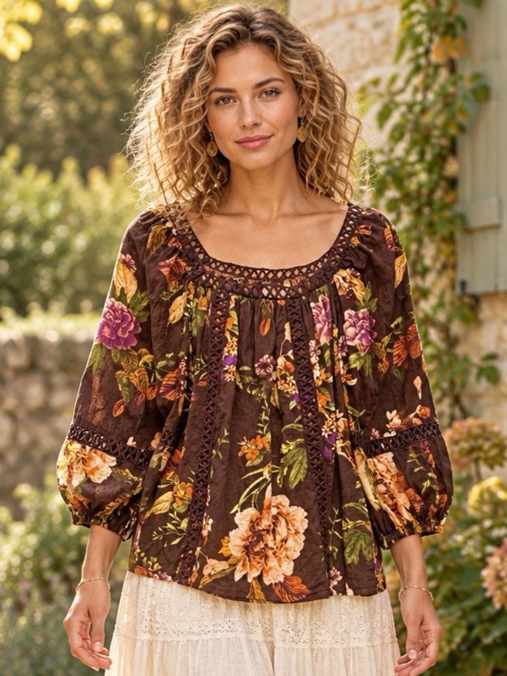 HER Destiny Brown Floral Crochet Trim Blouse Boho Peasant 3/4 Balloon Sleeve M/L